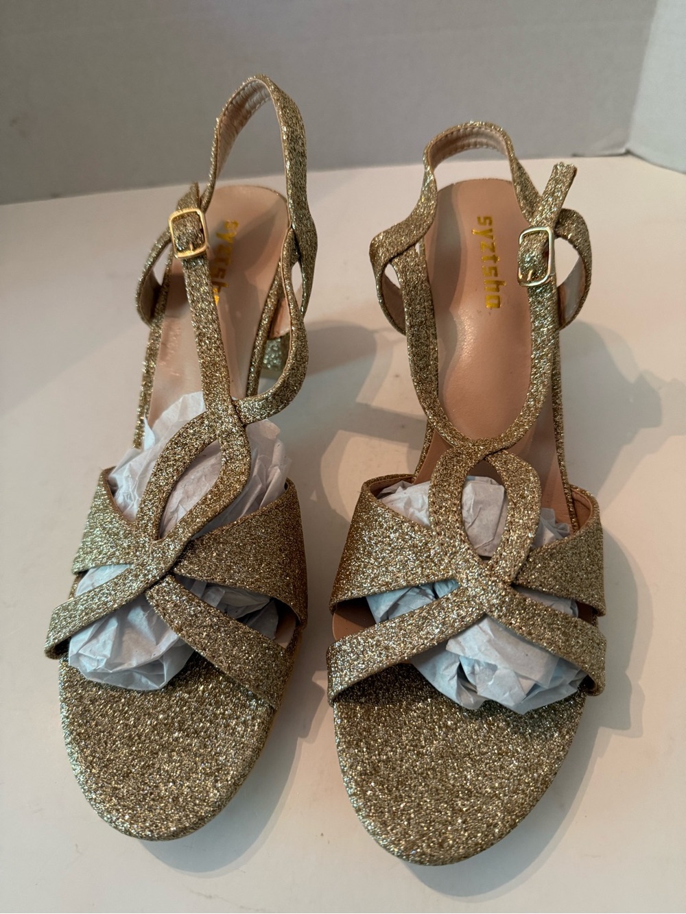 SYZTSGO Gold Glitter Slingback Heels with Crisscross Straps EU 43, US 11